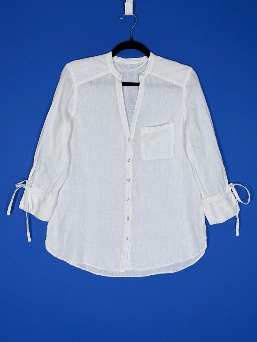 🤍 White Linen Button Down Tie Sleeve Blouse Estimated Medium
